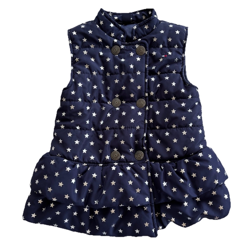 Tommy‎ Hilfiger Snap Up Puffer Vest Girl's 6 Blue Shiny Silver Stars Logo